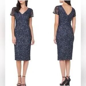 NWT J S COLLECTIONS Soutache Navy Embroidered Cocktail Knee Length Dress, size 4